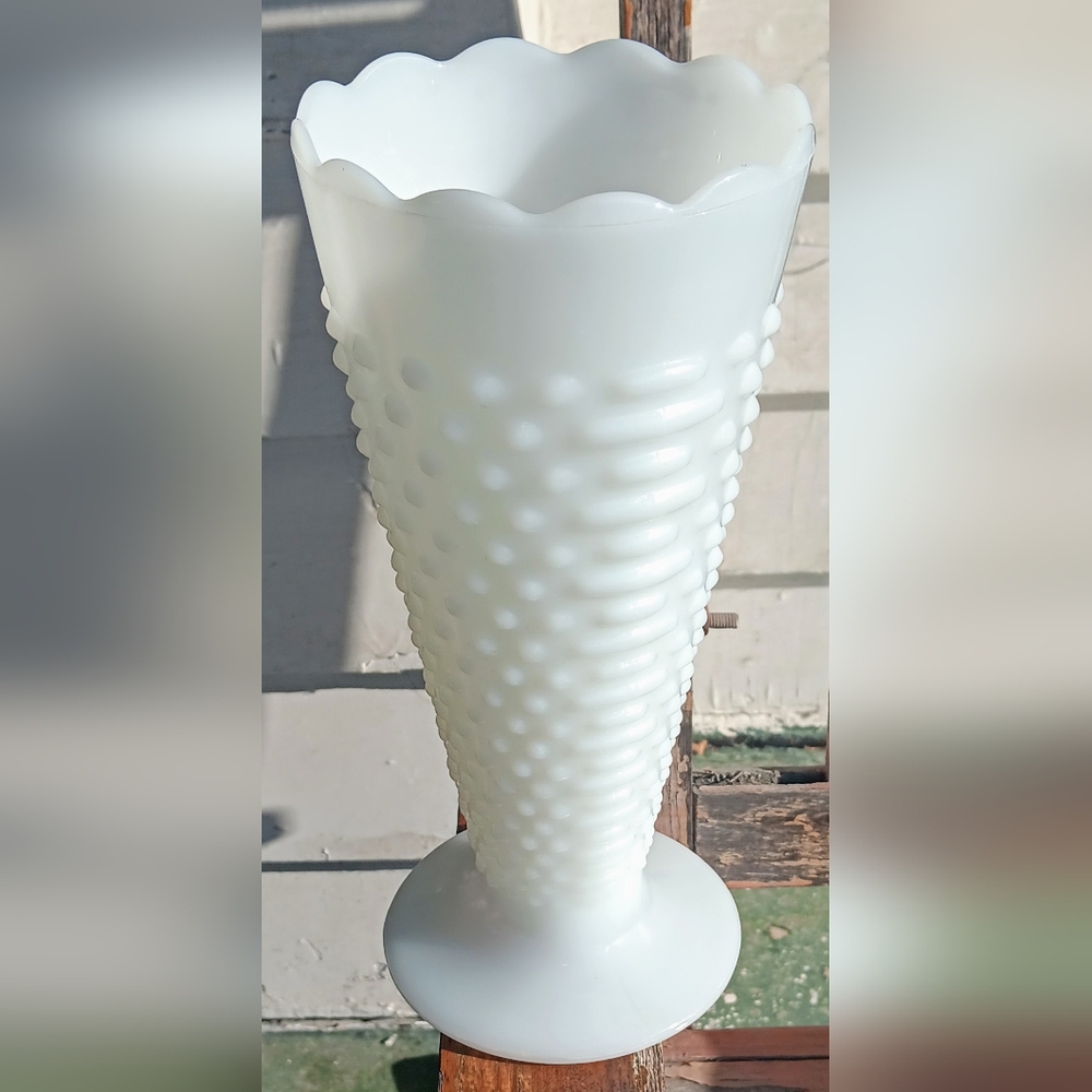 Vintage Hobnail Trumpet Flower Vase~Milk Glass~Anchor Hocking
